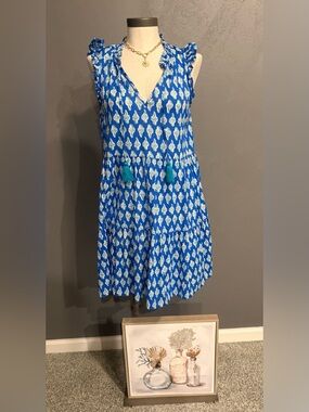 J. Crew Blue and White Printed Sleeveless Tassel Dress